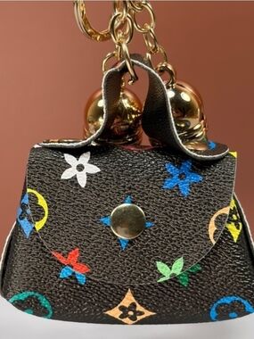 Mini Floral-Print Bag Charm Keyring in Black